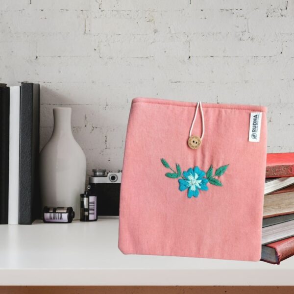 Blue Flower Book Pouch, Hand Embroidered Book protector for books and kindle - Image 5