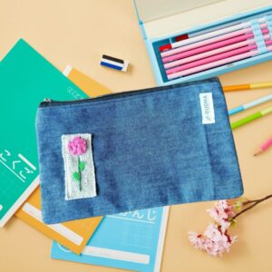 Pink Flower Cosmetic Denim Pouch | Fabric Zipper Pouch 10x6 inch