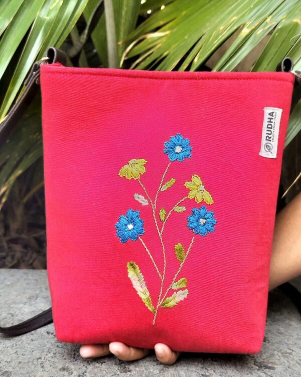 Blue flower - Red Sling Bag for women | Hand embroidery Sling Bags - Image 3