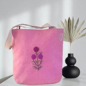 Pink Tote Bags For Women/Girls with Purple Flower Embroidery