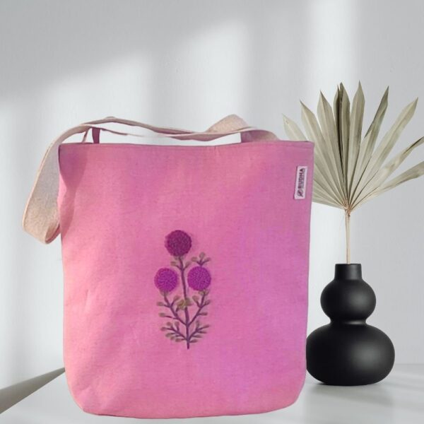 Pink Tote Bags For Women/Girls with Purple Flower Embroidery