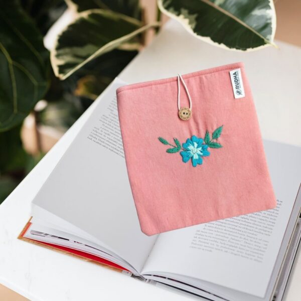 Blue Flower Book Pouch, Hand Embroidered Book protector for books and kindle - Image 2