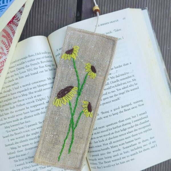 Yellow Flower Handmade Bookmarks, Jute Bookmarks 2x7inches