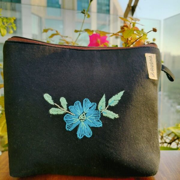 Black Hand embroidered Multipurpose Eco-Friendly Cotton Pouch  - 9x7x1.5 - Image 4