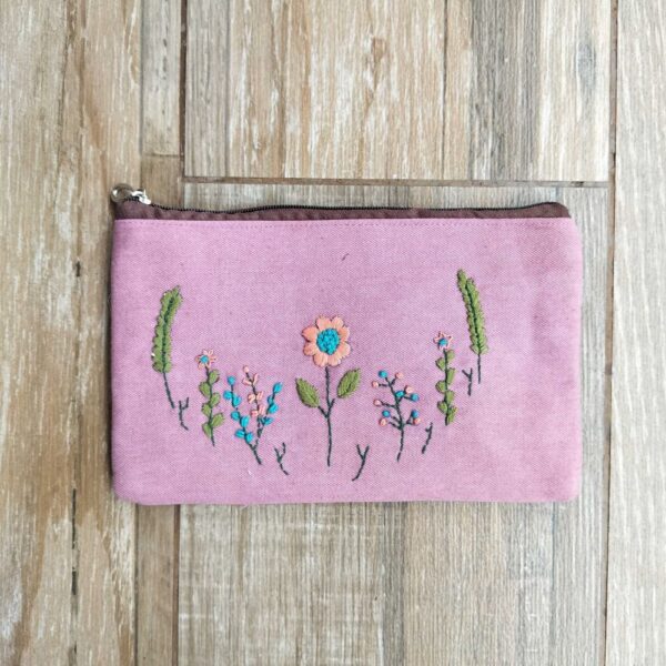 Pink Hand embroidered Pencil Cloth Zipper Pouch | Gift for Students | 9x5 inch - Image 2