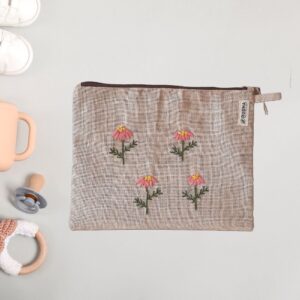 Pink Sun Flower Zipper Cosmetic Pouch, Multipurpose Cotton Travel Pouch