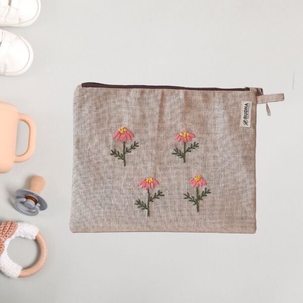 Pink Sun Flower Zipper Cosmetic Pouch, Multipurpose Cotton Travel Pouch