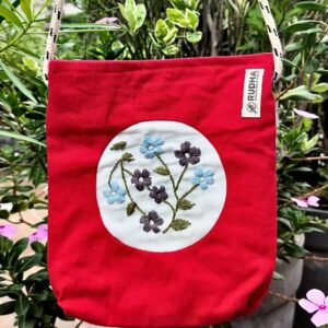 Red Cotton Small Sling Bag for Girls, Flower Hand Embroidery Sling Bags