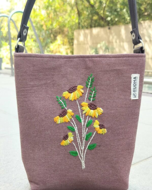 Hand-embroidered Yellow Flower Brown Sling Bag | Cotton bags for Girls - Image 3