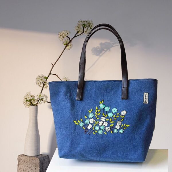 Women Blue Cotton Shoulder Bag / Hand embroidery Hand Bags - Image 2