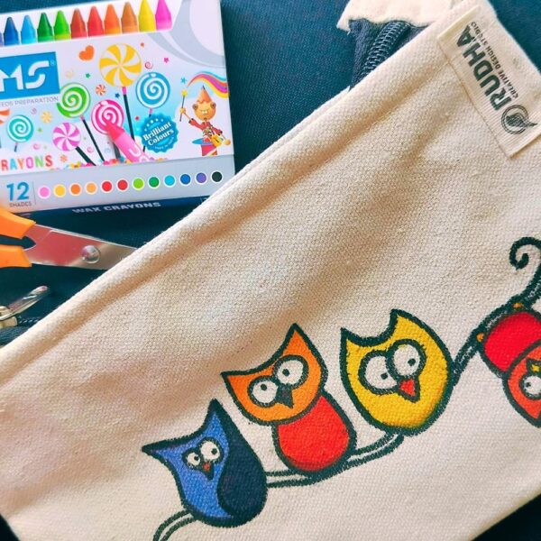 Owl Cotton Pencil Pouch for Kids: Handmade Zipper Pouches 9x5 inch