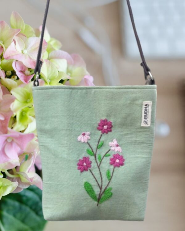 Pink Flower Green Sling Bag | Handmade Sling bags for girls