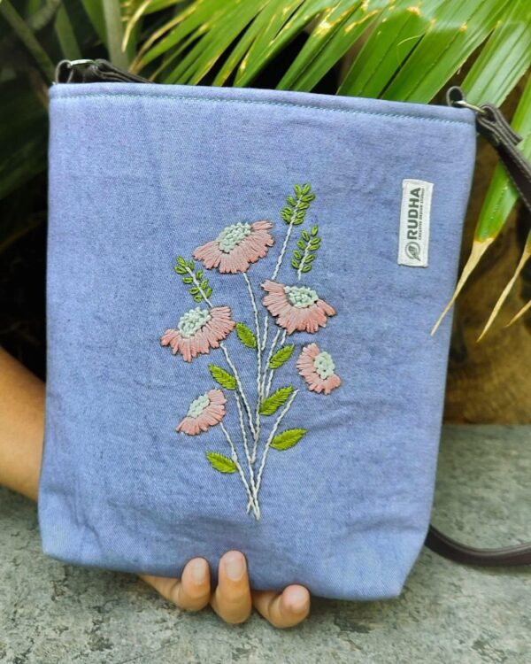Peach Flower - Blue Sling Bag | Cotton Sling Bags for Women - Image 3