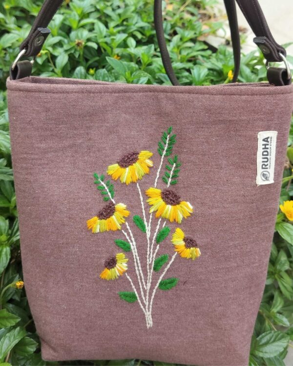 Hand-embroidered Yellow Flower Brown Sling Bag | Cotton bags for Girls - Image 2