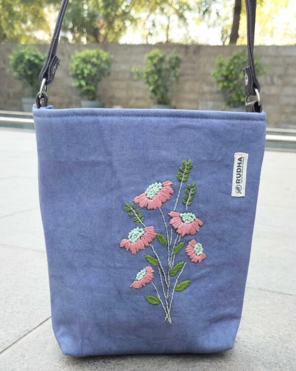 Peach Flower - Blue Sling Bag | Cotton Sling Bags for Women - Image 2