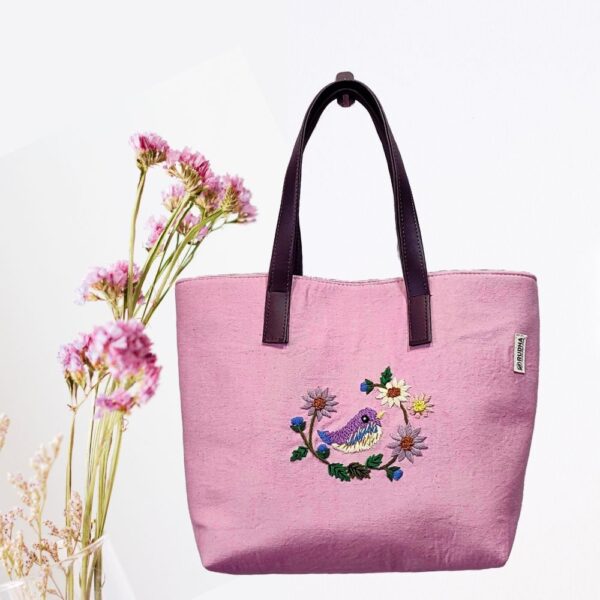 Purple Bird Pink Cotton HandBags for Women