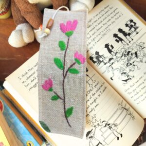 Pink Floral Handmade Bookmark 2x8inches | Hand embroidered Jute Bookmarks