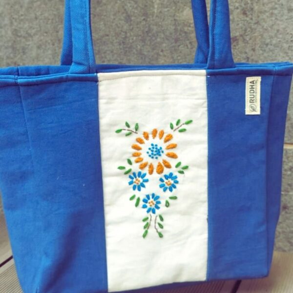 Hand embroidered Blue Small Cotton Tote Bag | Tote Bags for Women - Image 3