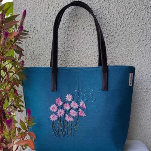 Pink Flower - Sea Green/Blue fabric shoulder bag