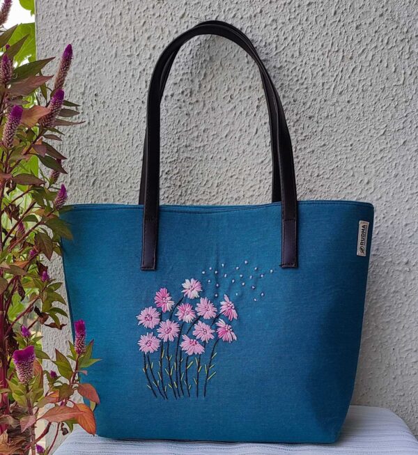 Pink Flower - Sea Green/Blue fabric shoulder bag