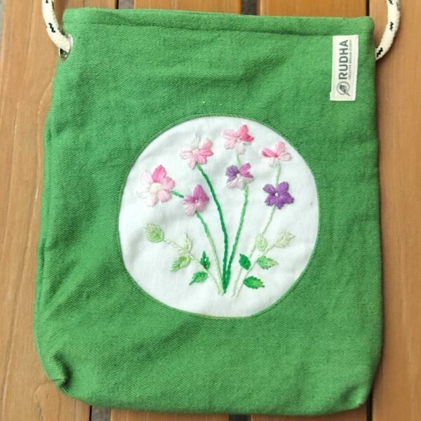 Flower embroidery Cotton Sling Bag, Green Sling Bags for Outing, Small Sling bag - Image 3