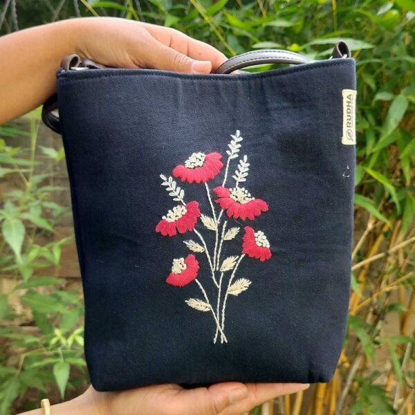 Red Flower Black Cotton Sling Bags | Hand embroidery bags for Women - Image 2