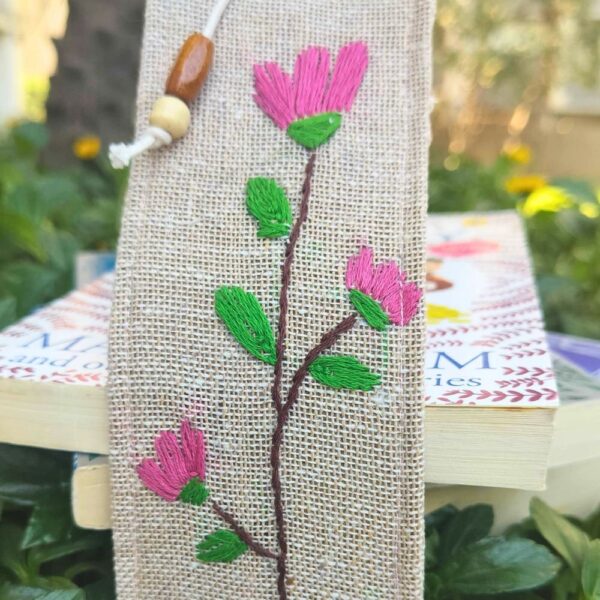 Pink Floral Handmade Bookmark 2x8inches | Hand embroidered Jute Bookmarks - Image 2