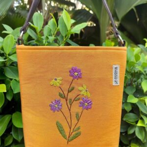 Purple flower Mustard Cotton Sling Bag | Hand-embroidered Bags for Women