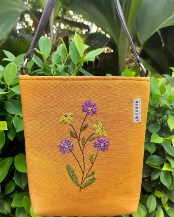 Purple flower Mustard Cotton Sling Bag | Hand-embroidered Bags for Women