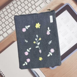 Black Floral 11" Macbook Sleeve, Hand embroidered Tablet /Laptop Cover