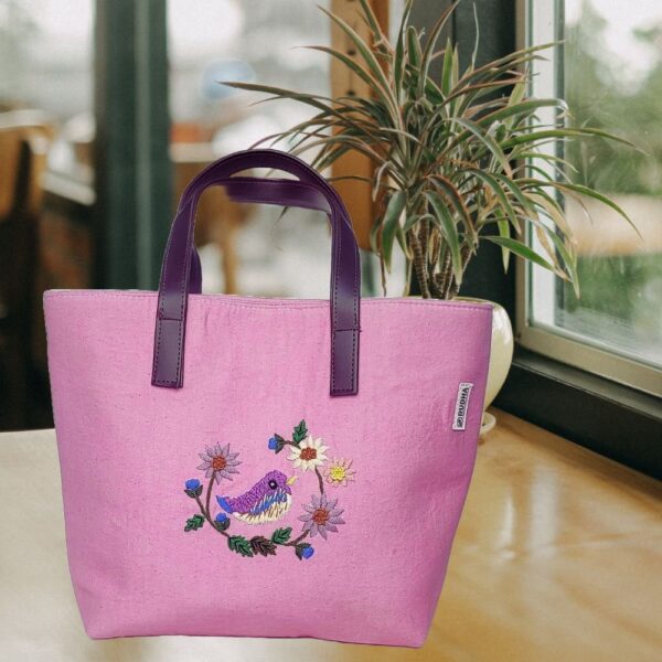 Purple Bird Pink Cotton HandBags for Women - Image 2