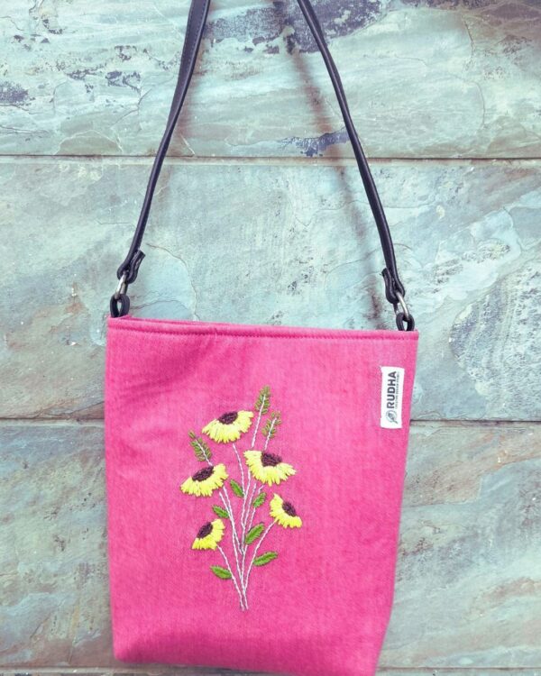 Yellow Flower Pink handcrafted Sling Bag, Sling bags for Girls - Image 2