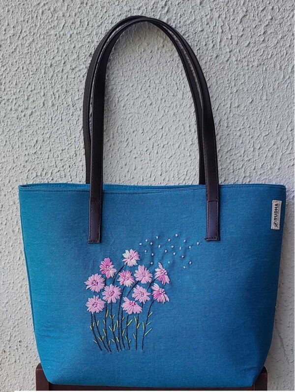 Pink Flower - Sea Green/Blue fabric shoulder bag - Image 3