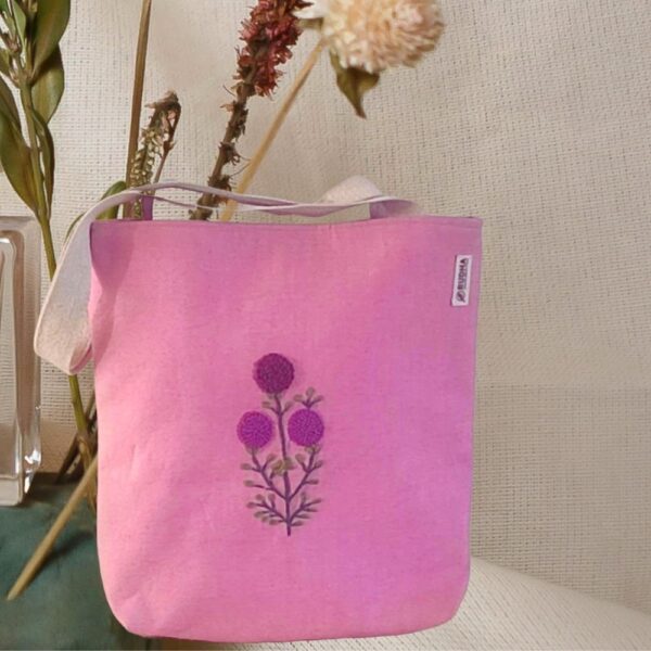 Pink Tote Bags For Women/Girls with Purple Flower Embroidery - Image 3