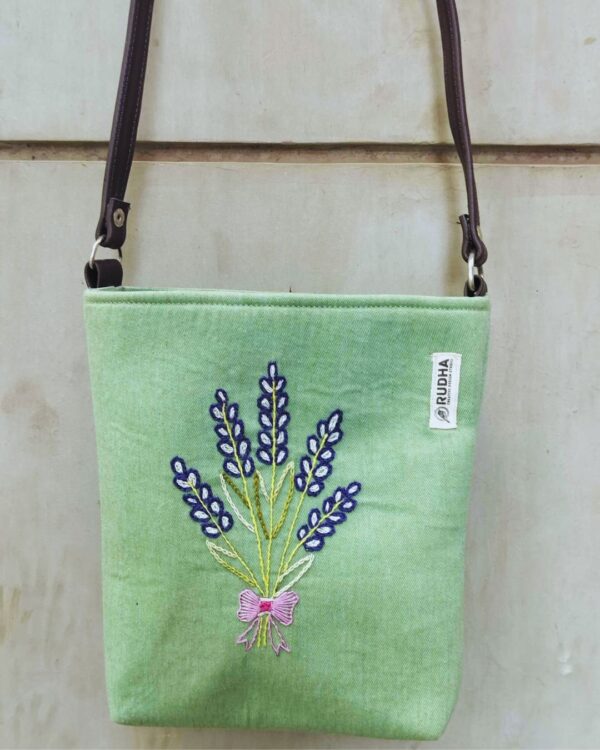 Hand-embroidered Green Sling Bag | Handmade Cotton Bags - Image 2