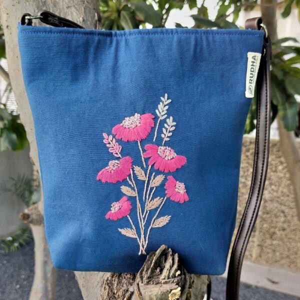 Pink Flower Hand Embroidered Sling Bag | Cotton HandBags for Women