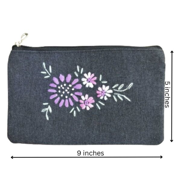 Black Fabric Zipper Pouch with hand embroidery, Travel Zipper Pouch - 22.5 x 14 - Image 3