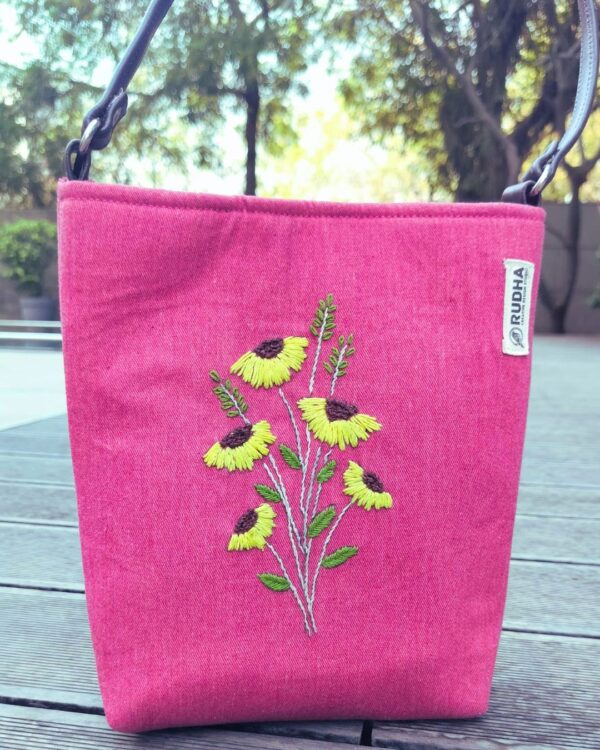Yellow Flower Pink handcrafted Sling Bag, Sling bags for Girls - Image 3