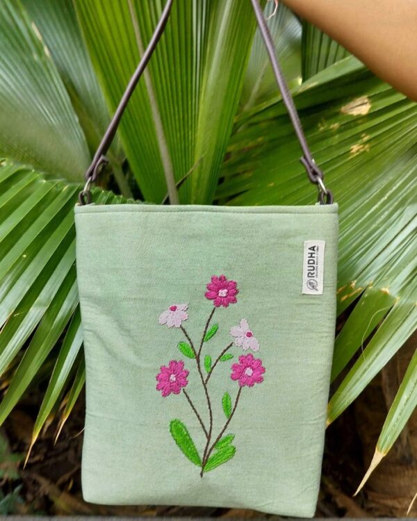 Pink Flower Green Sling Bag | Handmade Sling bags for girls - Image 3