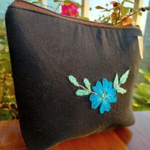Black Hand embroidered Multipurpose Eco-Friendly Cotton Pouch  - 9x7x1.5