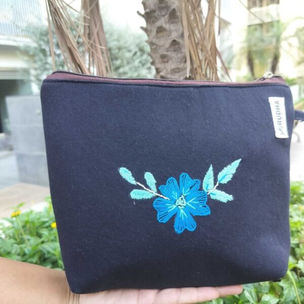Black Hand embroidered Multipurpose Eco-Friendly Cotton Pouch  - 9x7x1.5 - Image 2