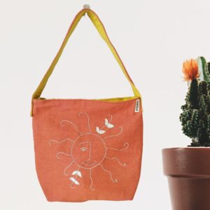 Orange Women's Hobo Bags with Sun Embroidery | Cotton Shoulder Bags