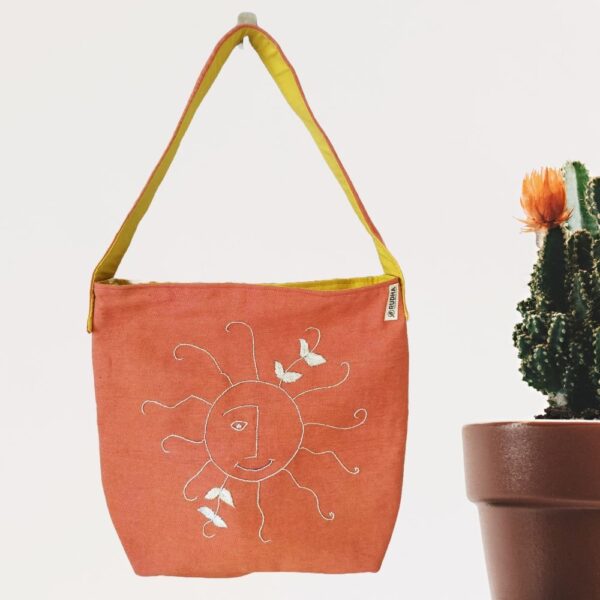 Orange Women's Hobo Bags with Sun Embroidery | Cotton Shoulder Bags