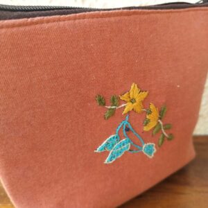 Hand Embroidered Rust Makeup Bag, Cosmetic Bag For Women, large zipper pouch