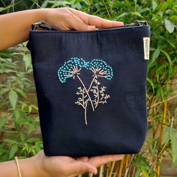 Blue Flower Black Sling Bag for Girls| Cotton Hand embroidered bags for Women