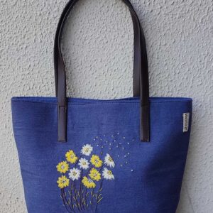 Yellow White Flower - Blue shoulder bag for women