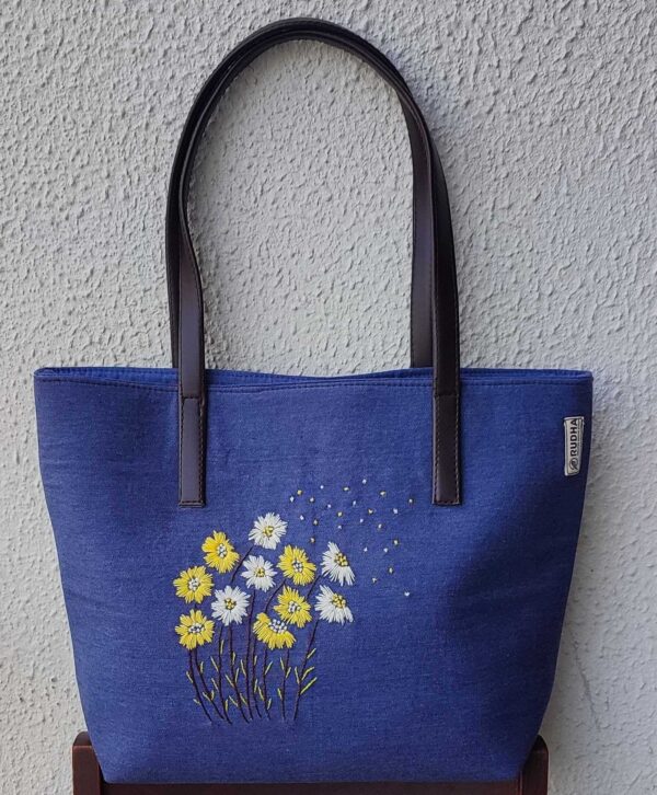Yellow White Flower - Blue shoulder bag for women
