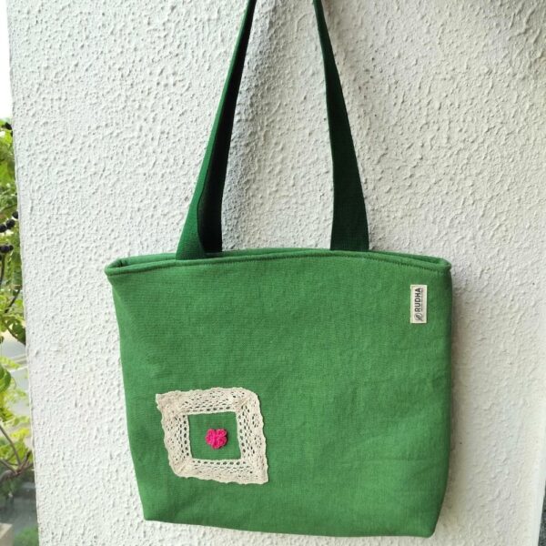 Green Handcrafted Cotton Tote Bag , Cotton Tote Bags , Everyday cotton hand bag - Image 2