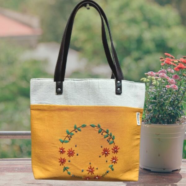 Cotton Shoulder Bag for Women, Mustard hand crafted hand bags for office, travel - Image 2