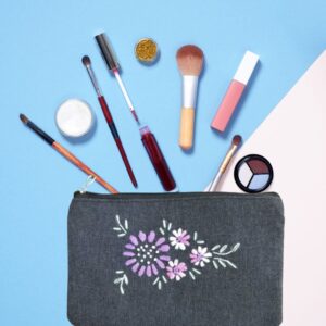 Black Fabric Zipper Pouch with hand embroidery, Travel Zipper Pouch - 22.5 x 14
